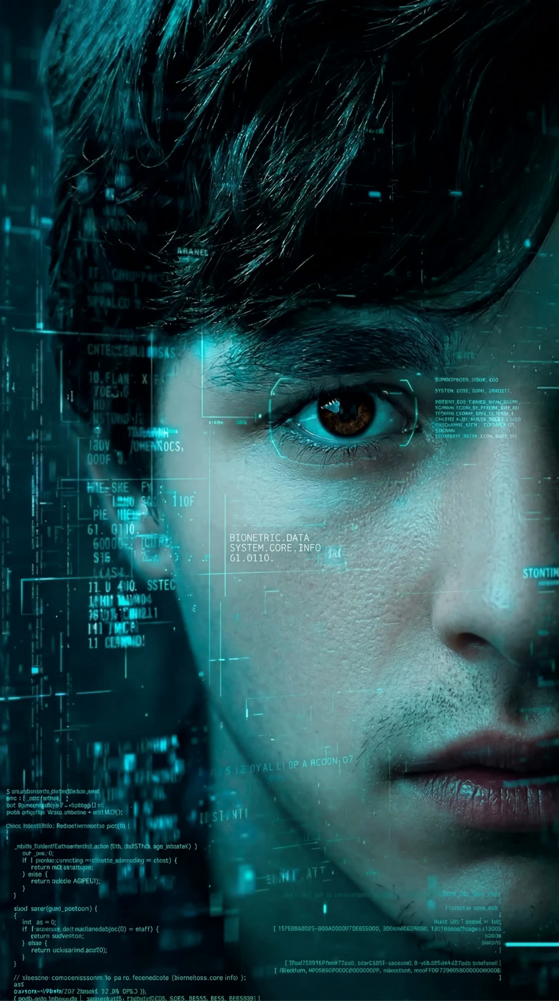 Personagem criado com inteligência artificial: rosto de um jovem com interface holográfica sobre o olho