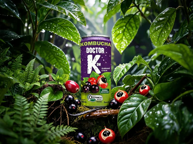 Lata de Kombucha Doutor K sabor guaraná e açaí entre folhas molhadas de uma floresta