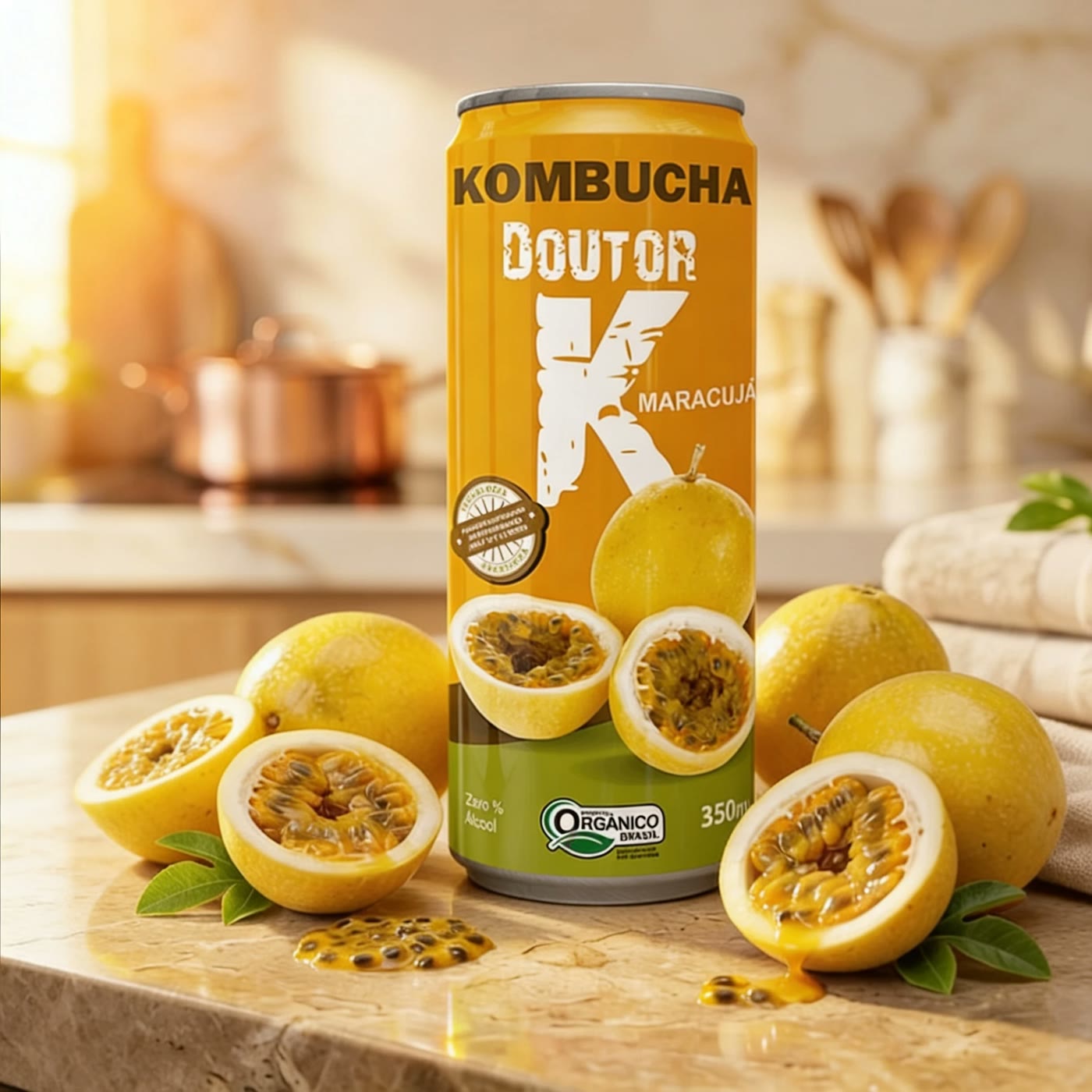 Prévia de site de produto exibindo a lata de Kombucha Doutor K sabor maracujá