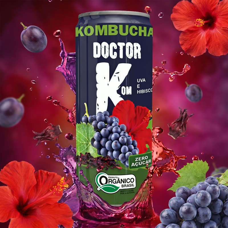 Lata de Kombucha Doutor K sabor uva e hibisco no meio de um respingo roxo e vermelho